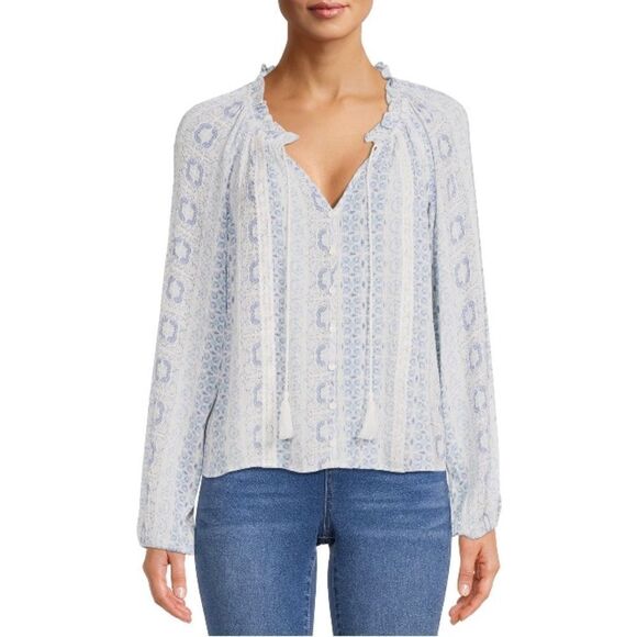 WOMEN’S JUNIORS Boho Printed Peasant Lightweight Long Sleeve Top Blouse Shirt XS - Picture 3 of 6